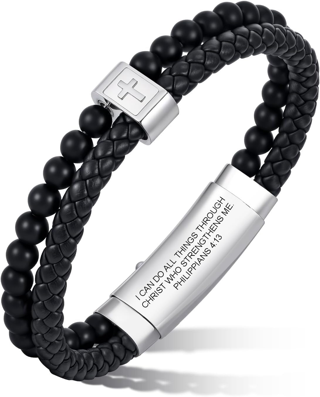 Christian Cross Black Leather Bracelet for Men, Double-Row Braided Leather Cross Bracelet Bible Verse Agate Onyx Beaded Bangle, Adjustable Wristband Faith Religious Christian Jewelry Gift for Men