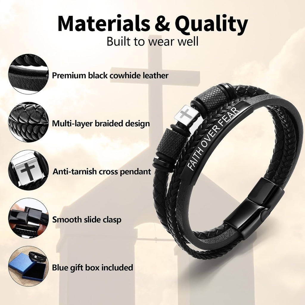 ✝ Men's Leather Cross Bracelet Faith Over Fear Christian Jewelry Gift for Dad Husband Son Brother