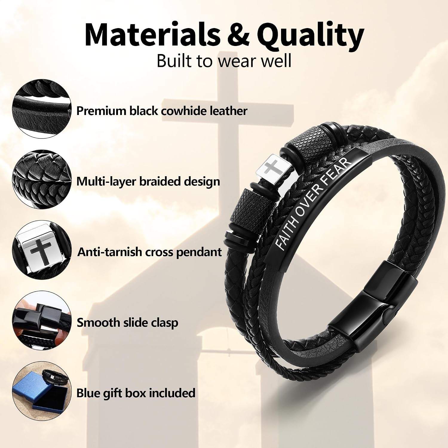 ✝ Men's Leather Cross Bracelet Faith Over Fear Christian Jewelry Gift for Dad Husband Son Brother