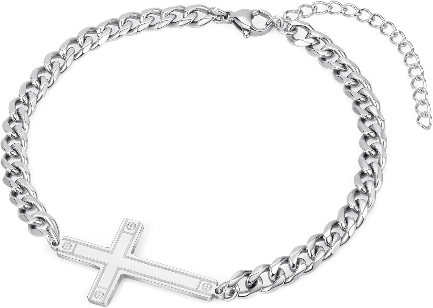 ✝ Men's Stainless Steel Cuban Cross Bracelet 5MM Adjustable Chain Christian Jesus Religious Confirmation Faith Jewelry Gift