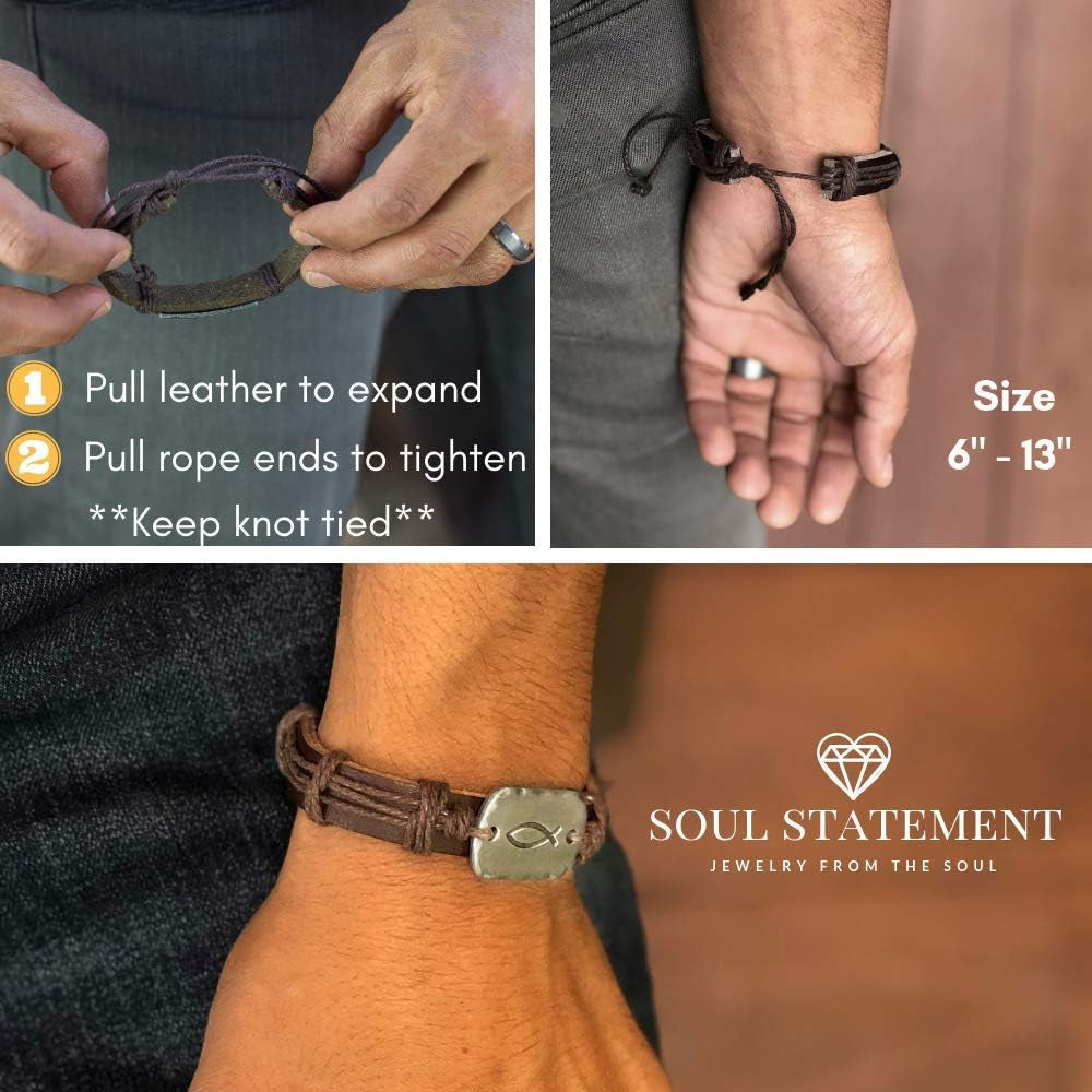 ✝ Men's Jesus Fish Leather Wrap Bracelet Adjustable Christian Faith Confirmation Religious Jewelry Gift