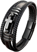 Cross Leather Bracelet for Men Multilayer Braided Memorial Wristband Bangle Stainless Steel Buckle Religious Activities Holiday Gifts
