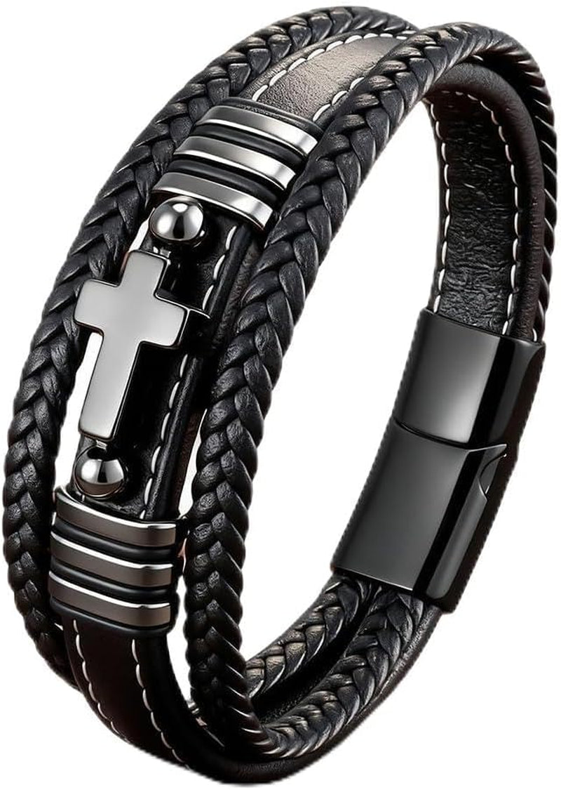 Cross Leather Bracelet for Men Multilayer Braided Memorial Wristband Bangle Stainless Steel Buckle Religious Activities Holiday Gifts