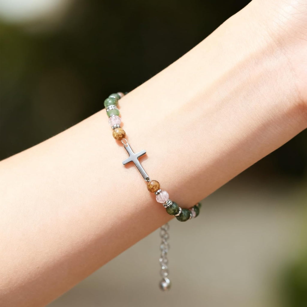 ✝ Women's Wave Charm Friendship Bracelet Natural Stone Beaded Christian Faith Inspirational Jewelry Gift for Women