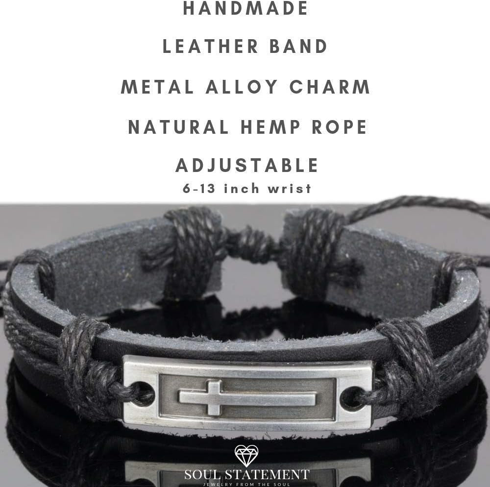 ✝ Men's Black Leather Cross Bracelet – Adjustable Christian Faith Wristband Religious Gift for Men & Teens