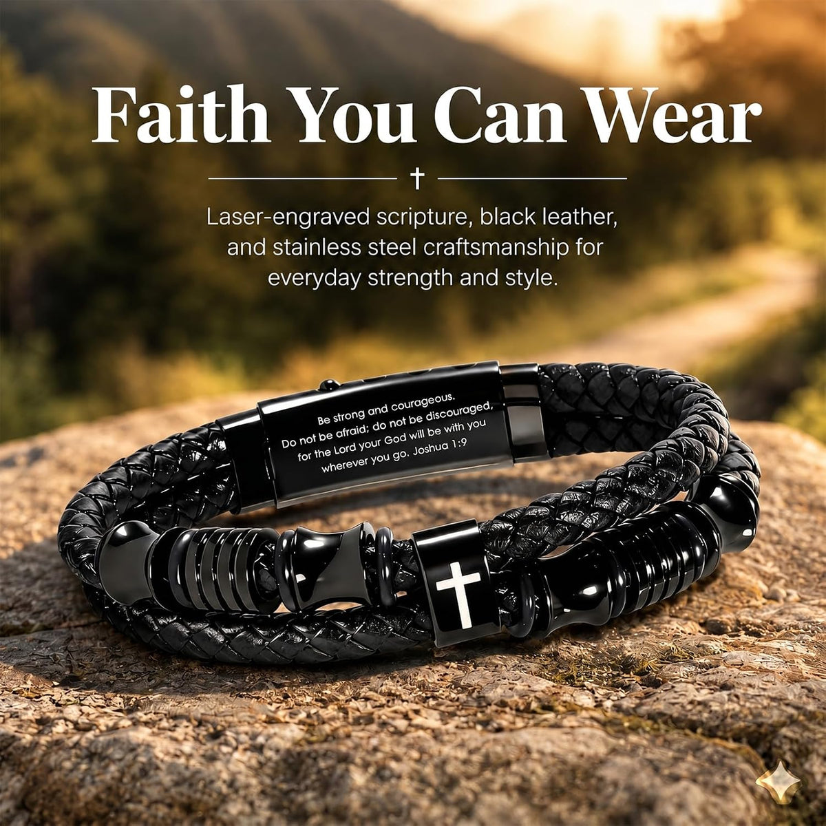 ✝ Men's Joshua 1:9 Bible Verse Bracelet – Adjustable Braided Leather Christian Cross Faith Jewelry Gift