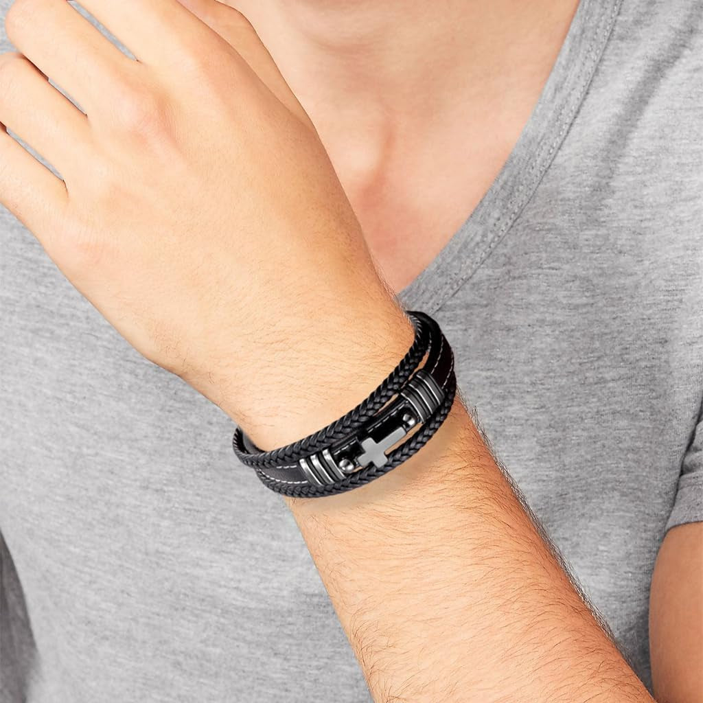 Cross Leather Bracelet for Men Multilayer Braided Memorial Wristband Bangle Stainless Steel Buckle Religious Activities Holiday Gifts