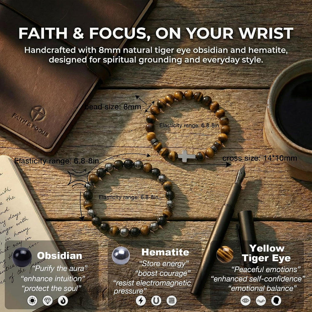✝ Men's Cross Bracelet Set – Black Obsidian, Hematite & Tiger Eye 8MM Beaded Christian Faith Jewelry