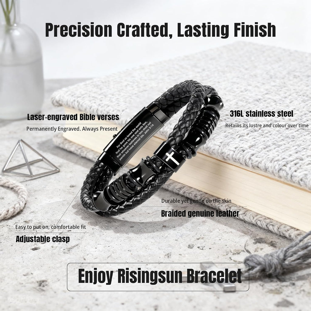 ✝ Men's Joshua 1:9 Bible Verse Bracelet – Adjustable Braided Leather Christian Cross Faith Jewelry Gift