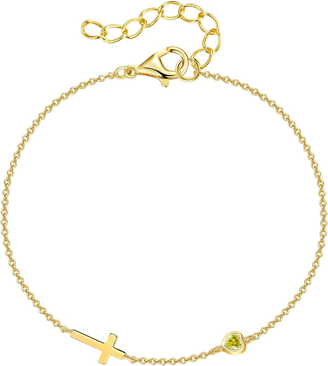 Women's 14K Gold Plated Cross Birthstone Bracelet Aquamarine Christian Jewelry Gift for Mom Wife Grandma