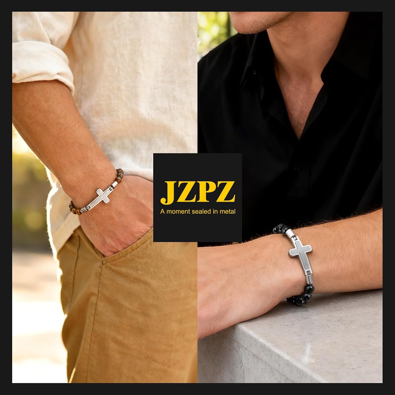 Christian Cross Bracelet for Men : Tiger Eye/Black Agate/Lava/Wood Bead Bracelets,Adjustable Stainless Steel Religious Cross Chain,Mens Jewelry Gift for Birthday Anniversary Boyfriend Husband Dad Him