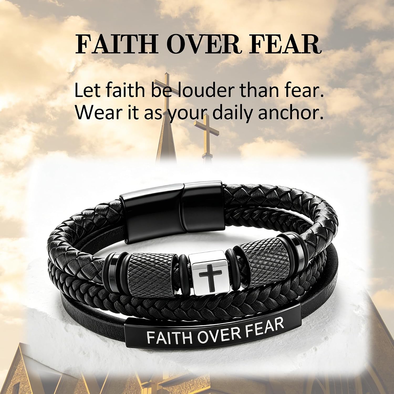 ✝ Men's Leather Cross Bracelet Faith Over Fear Christian Jewelry Gift for Dad Husband Son Brother