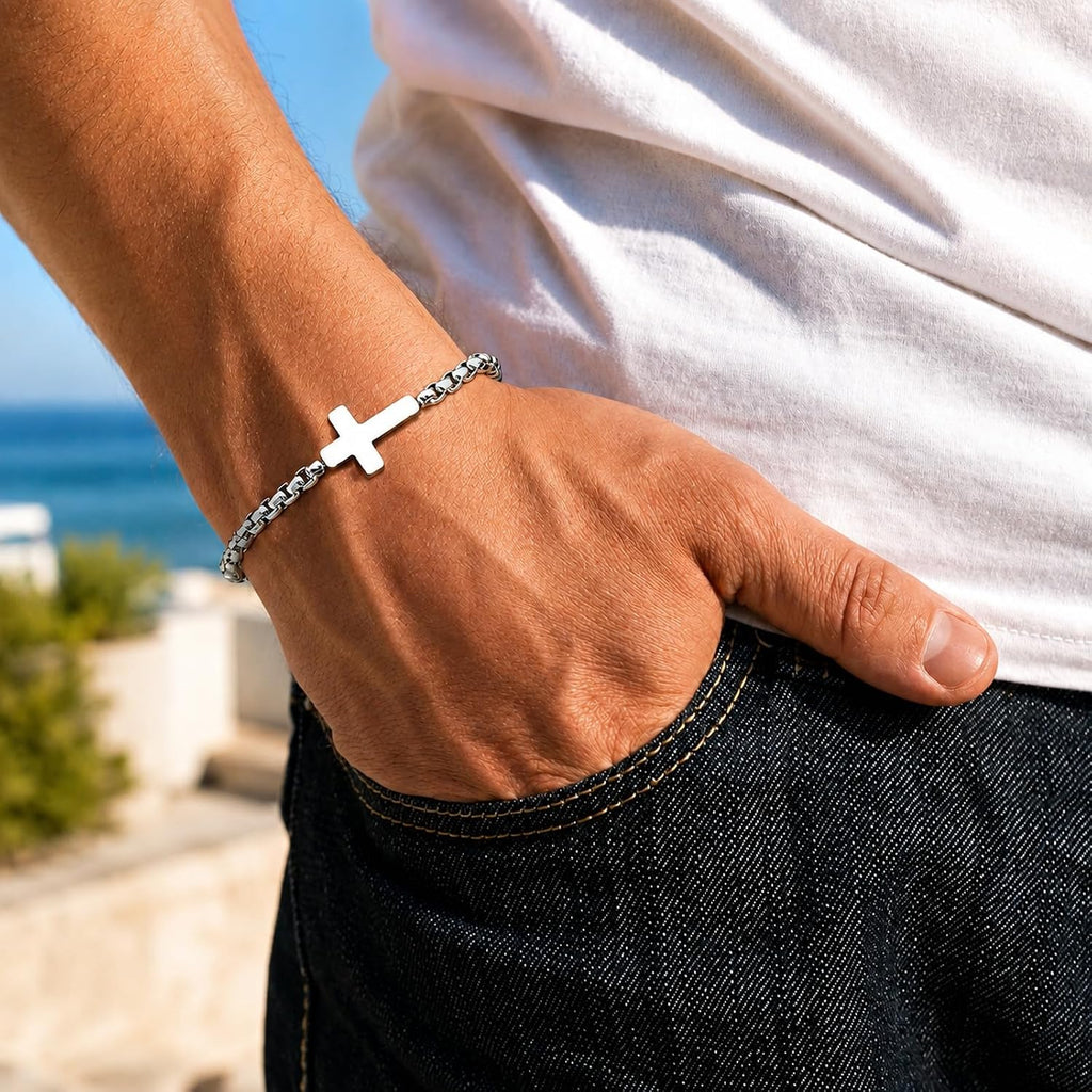 ✝ Men's Christian Cross Bracelet, Stainless Steel Rolo Chain Faith Jewelry Religious Gift
