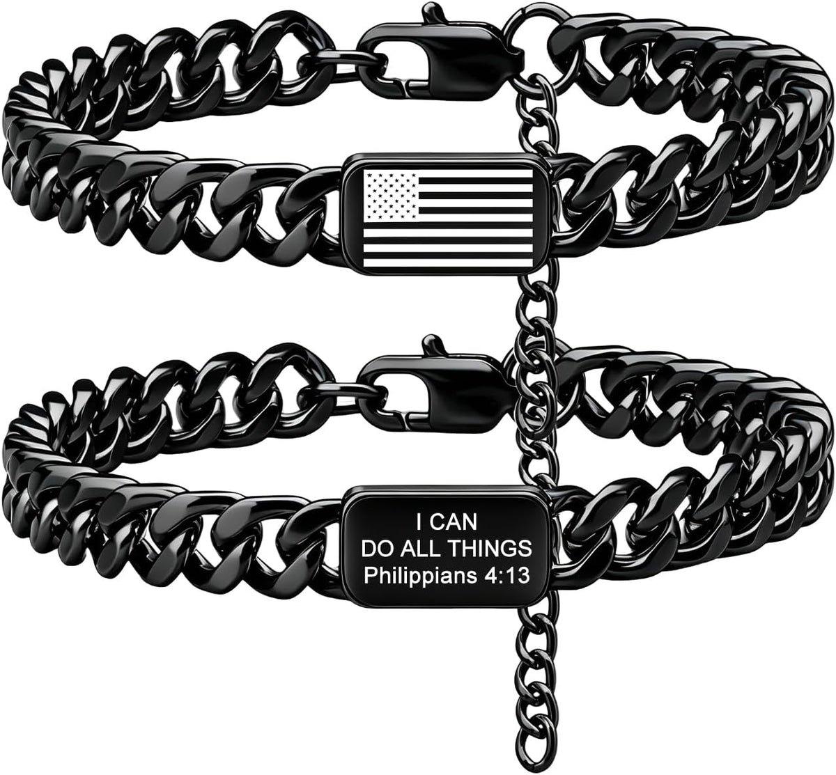 ✝ American Flag Christian Bracelet for Men – Philippians 4:13 Cuban Link Bible Verse Bracelet, Patriotic Faith Gift