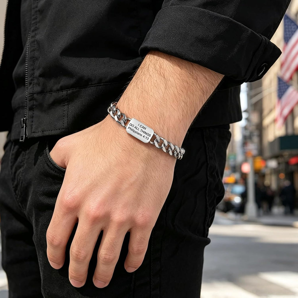 ✝ American Flag Christian Bracelet for Men – Philippians 4:13 Cuban Link Bible Verse Bracelet, Patriotic Faith Gift