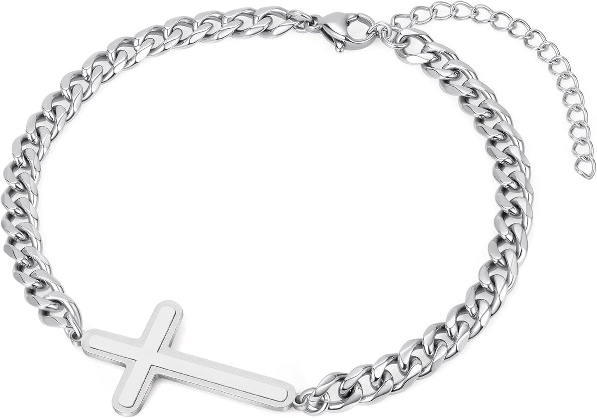 ✝ Men's Stainless Steel Cuban Cross Bracelet 5MM Adjustable Chain Christian Jesus Religious Confirmation Faith Jewelry Gift