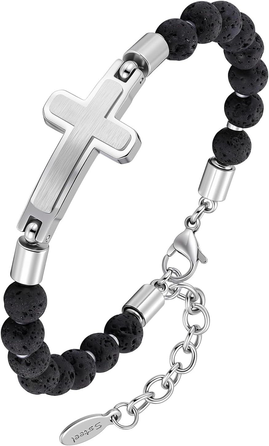 Christian Cross Bracelet for Men : Tiger Eye/Black Agate/Lava/Wood Bead Bracelets,Adjustable Stainless Steel Religious Cross Chain,Mens Jewelry Gift for Birthday Anniversary Boyfriend Husband Dad Him
