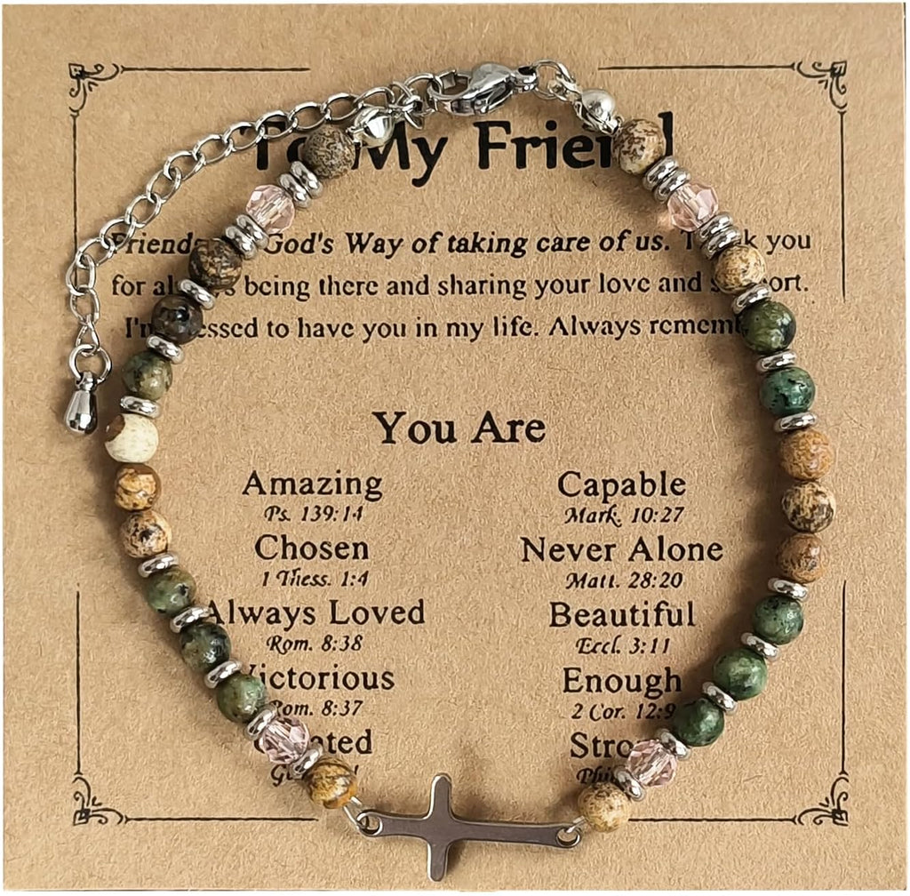✝ Women's Wave Charm Friendship Bracelet Natural Stone Beaded Christian Faith Inspirational Jewelry Gift for Women