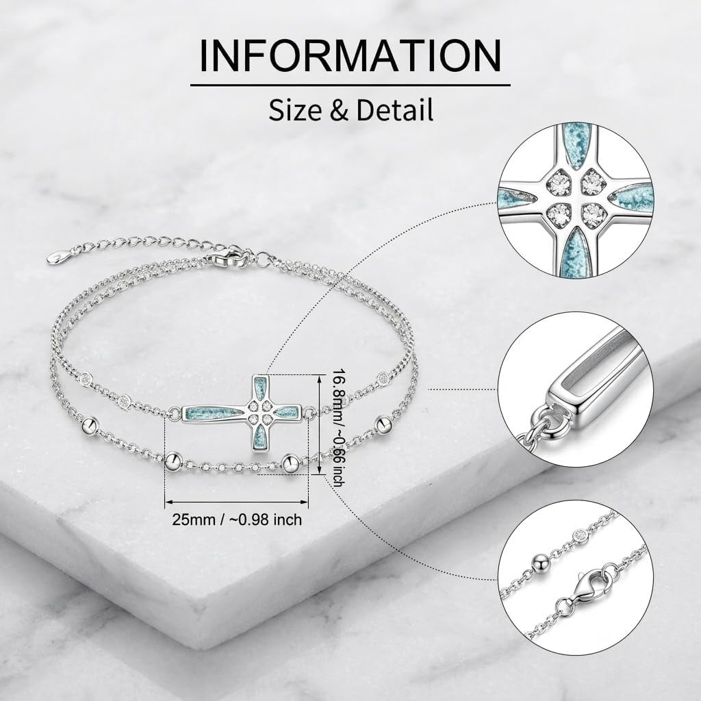 Women's 18K White Gold Plated Turquoise Cross Bracelet Christian Faith Jewelry Gift for Mom Grandma Girlfriend