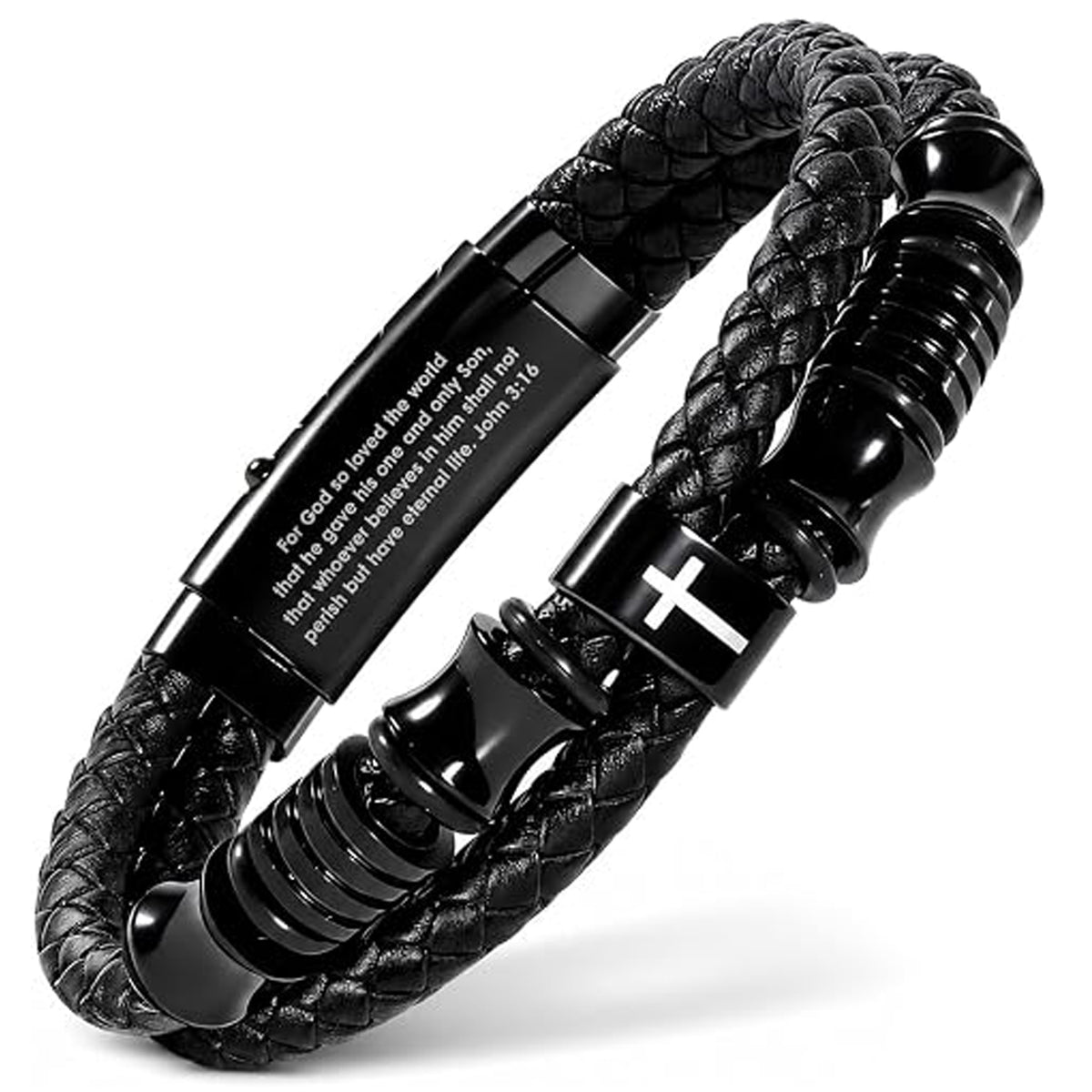 ✝ Men's John 3:16 Cross Bracelet Adjustable Black Leather Christian Faith Religious Jewelry Inspirational Gift