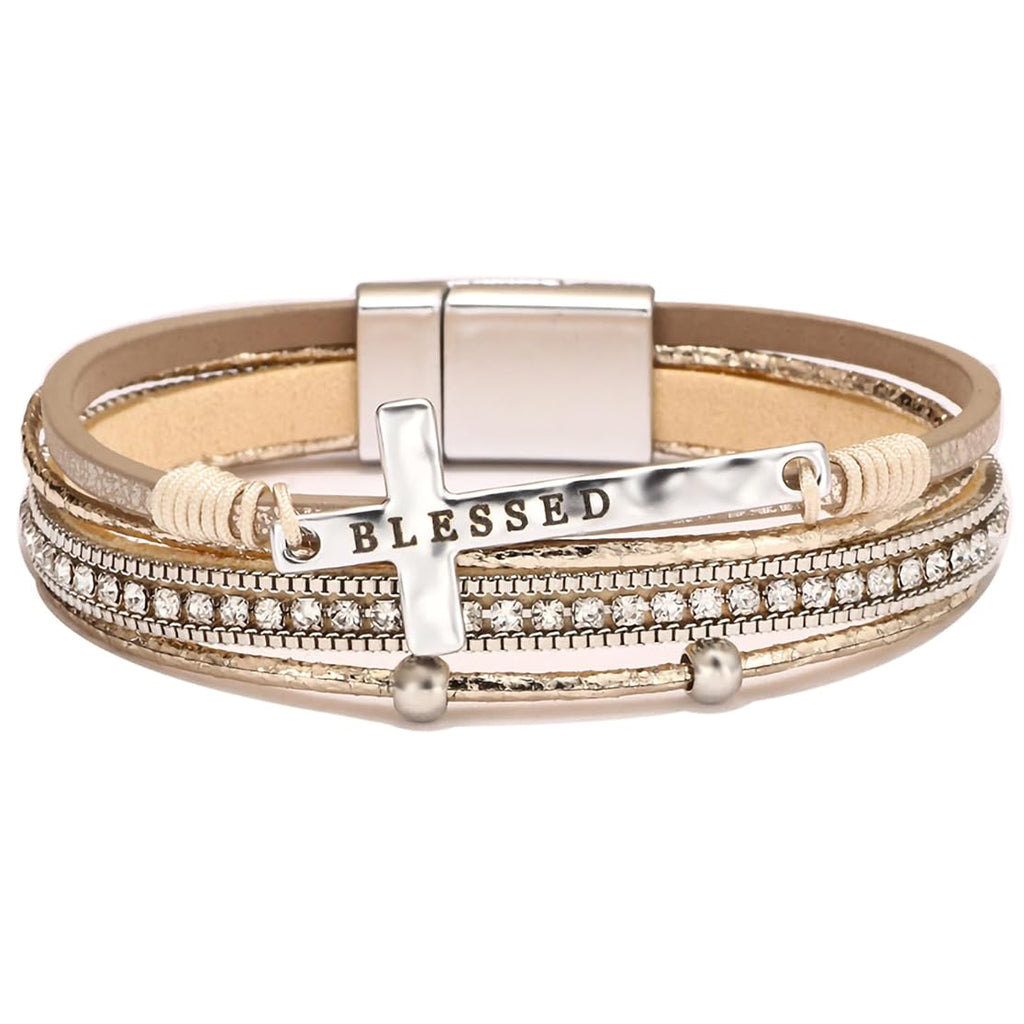 Blessed Cross Leather Wrap Bracelet for Women Boho Western Stacked Cuff Christian Faith Jewelry Gift