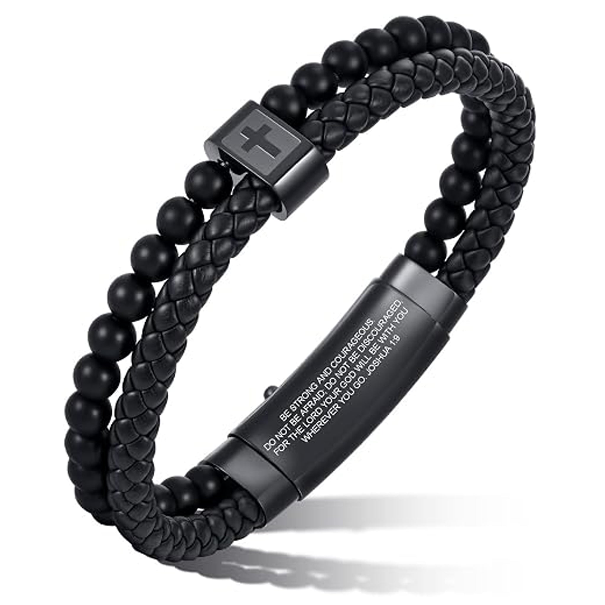 ✝ Men's Joshua 1:9 Cross Bracelet Black Stainless Steel Beaded Christian Bible Verse Faith Religious Jewelry Gift