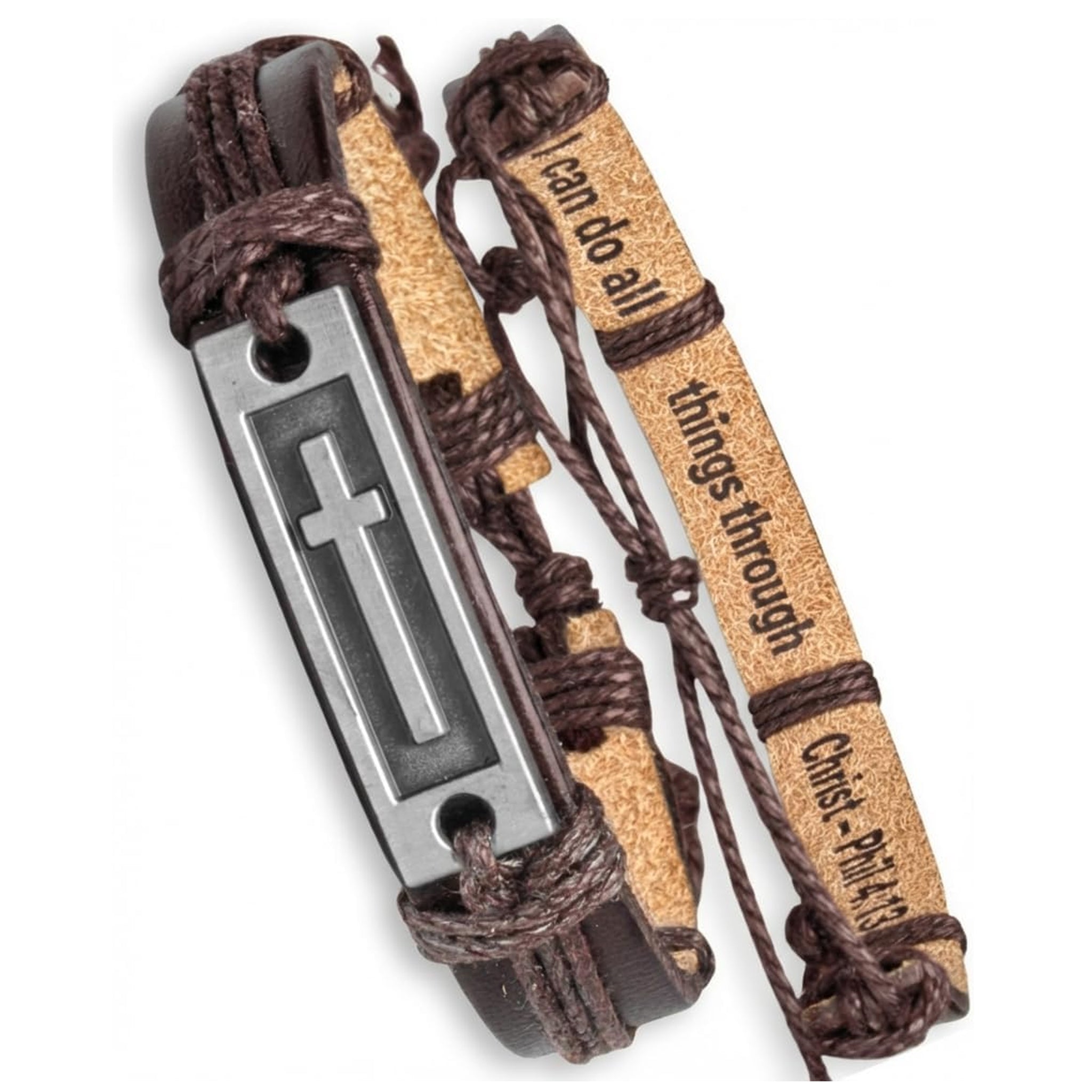 ✝ Men's Brown Bible Verse Cross Bracelet Adjustable Leather Christian Philippians 4:13 Inspirational Gift