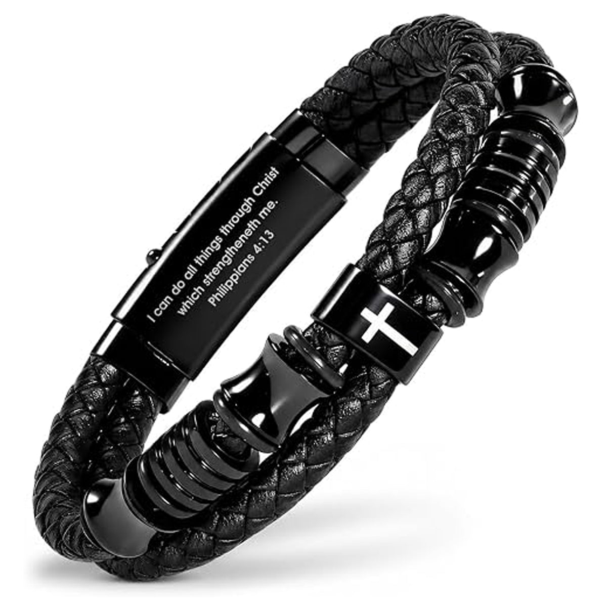✝ Men's John 3:16 Cross Bracelet Adjustable Black Leather Christian Faith Religious Jewelry Inspirational Gift