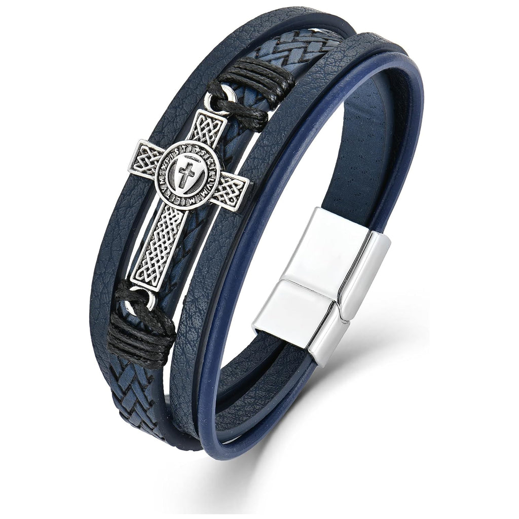 ✝ Men's Vintage Celtic Cross Leather Bracelet Christian Faith Shield Braided Stainless Steel Religious Jewelry Gift