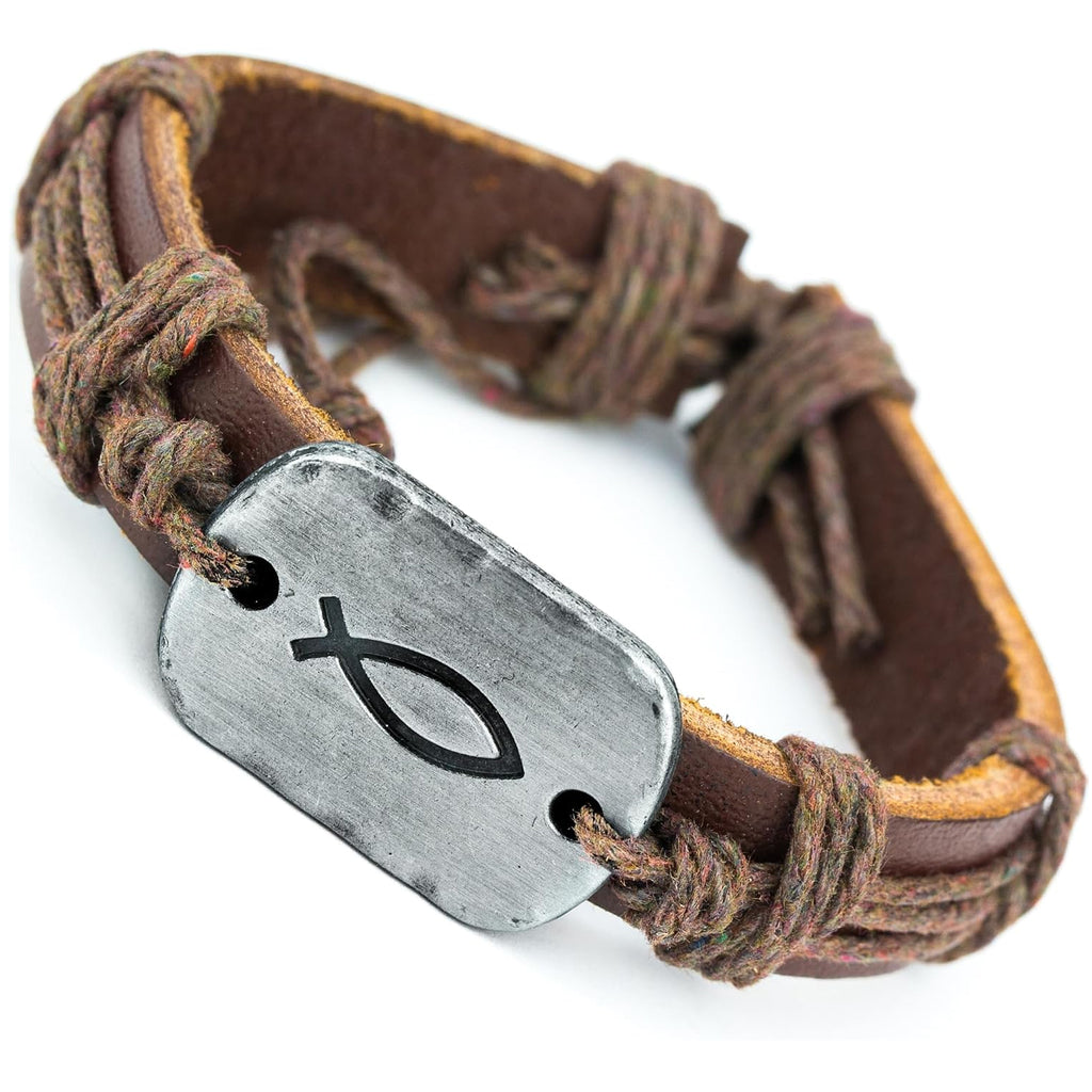 ✝ Men's Jesus Fish Leather Wrap Bracelet Adjustable Christian Faith Confirmation Religious Jewelry Gift