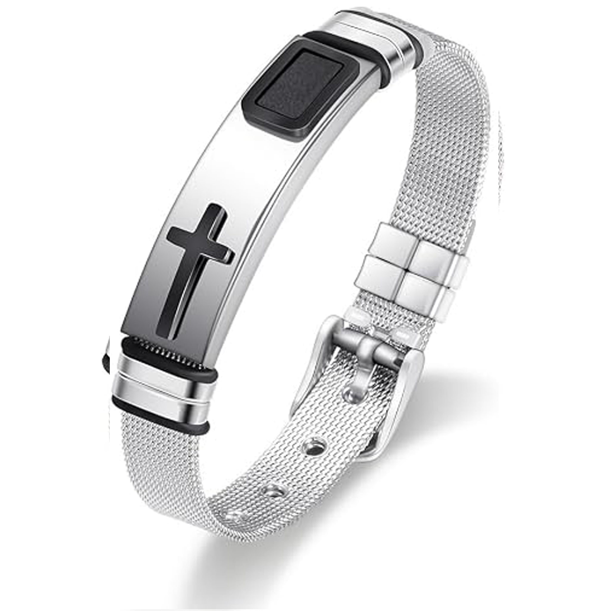 ✝ Men's Holy Cross Bracelet Stainless Steel Black Silver Adjustable Vintage Christian Religious Jewelry Gift