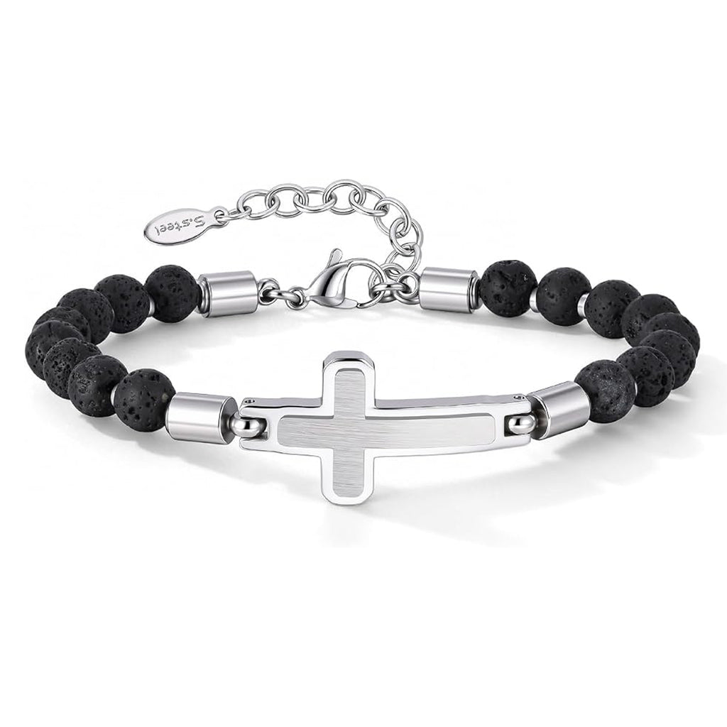 Men's Cross Beaded Bracelet Stainless Steel Christian Faith Religious Catholic Jewelry Gift for Husband Dad