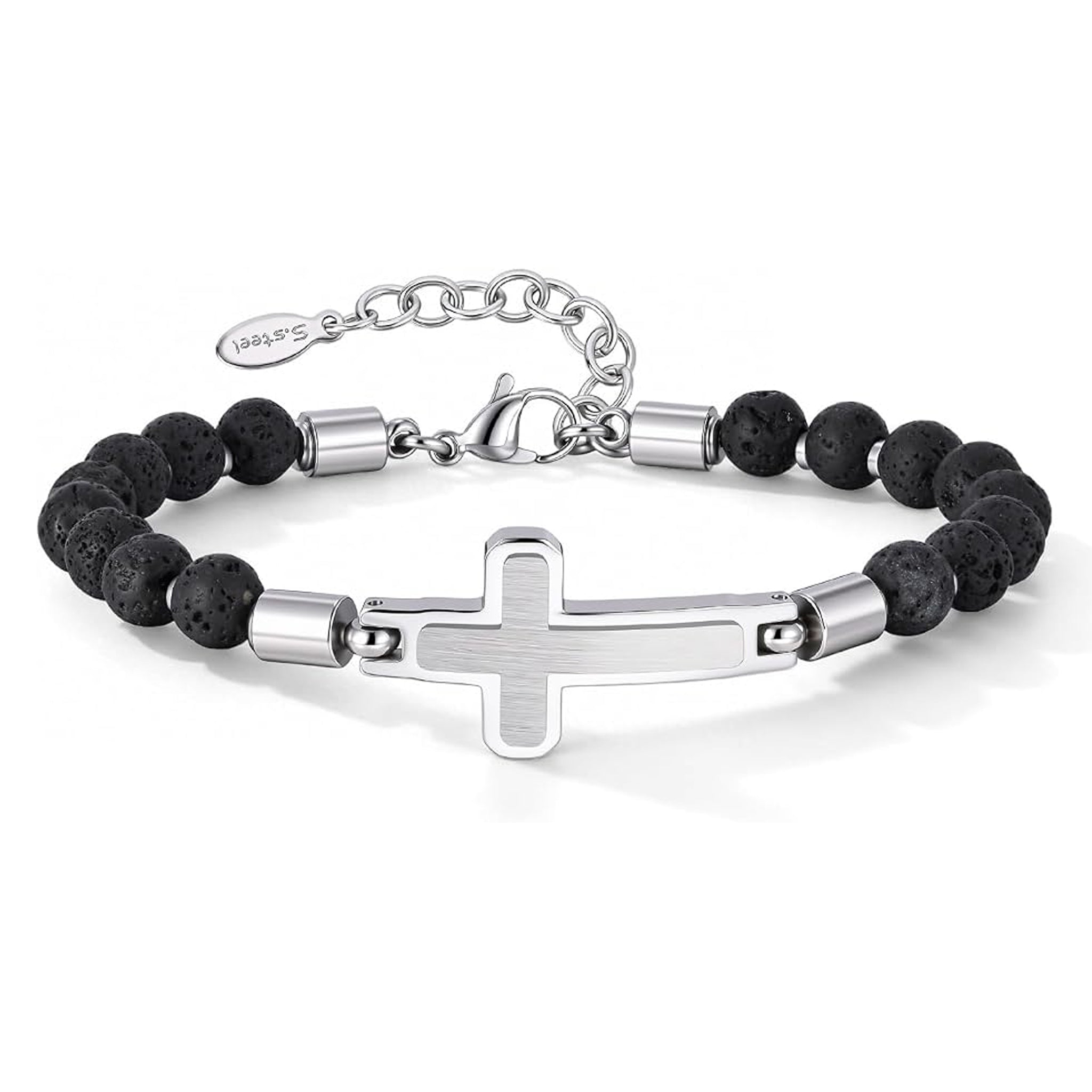 ✝ Men's Cross Beaded Bracelet Stainless Steel Christian Faith Religious Catholic Jewelry Gift for Husband Dad