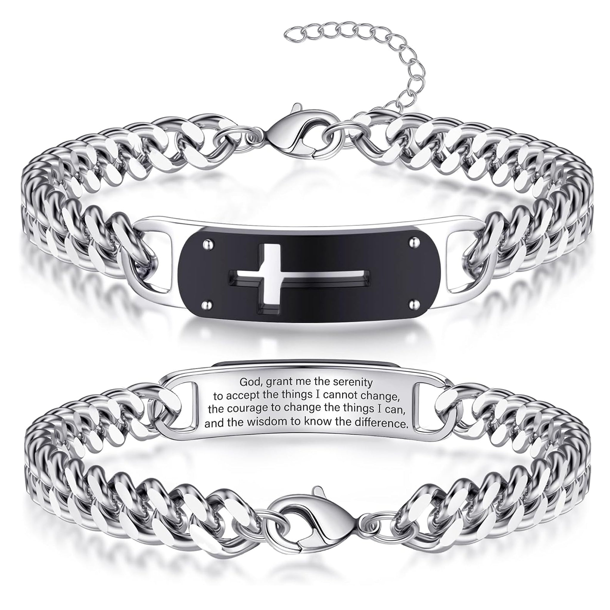 ✝ Men's Cross Cuban Link Bracelet Christian Faith Stainless Steel Baptism Communion Gift for Him