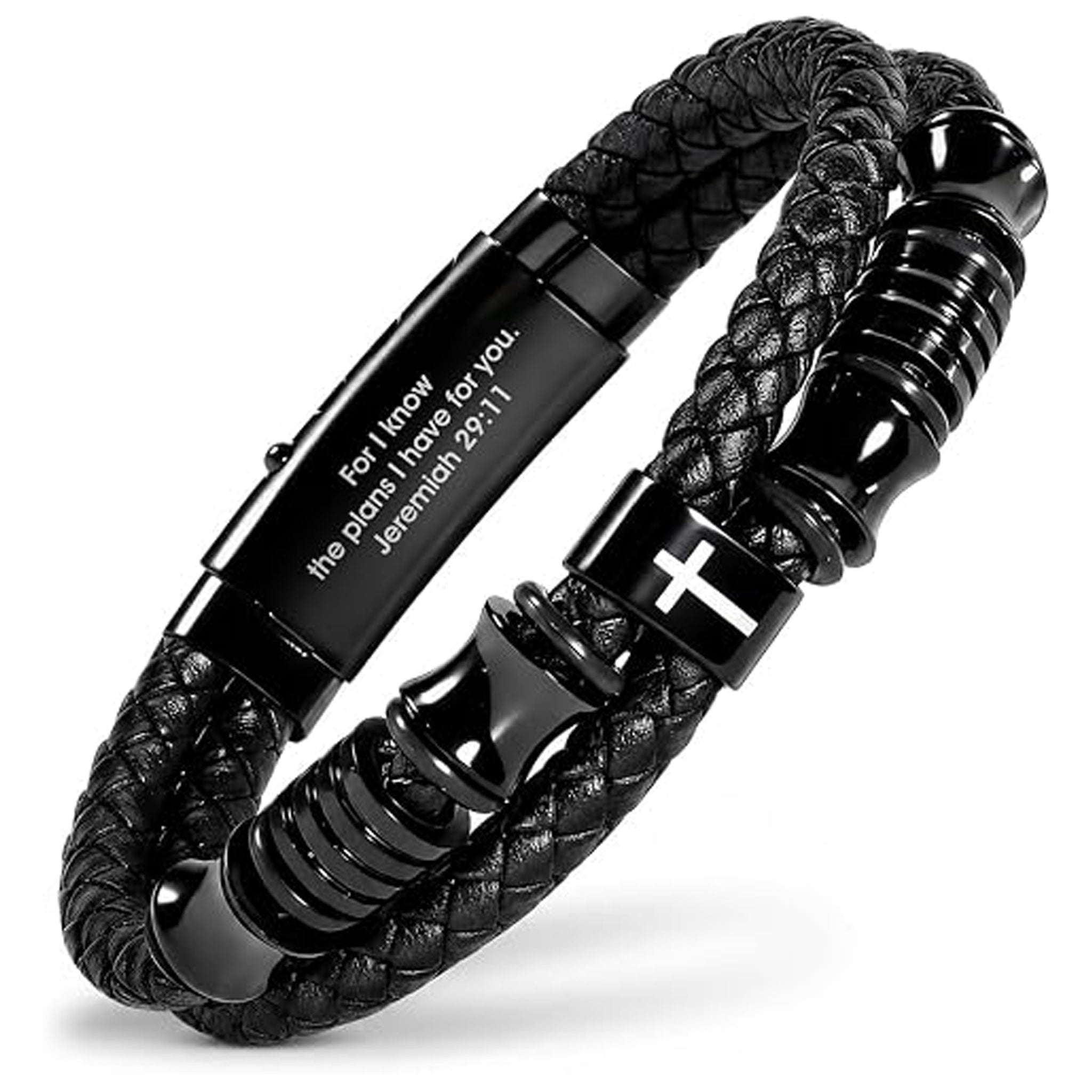 ✝ Men's John 3:16 Cross Bracelet Adjustable Black Leather Christian Faith Religious Jewelry Inspirational Gift