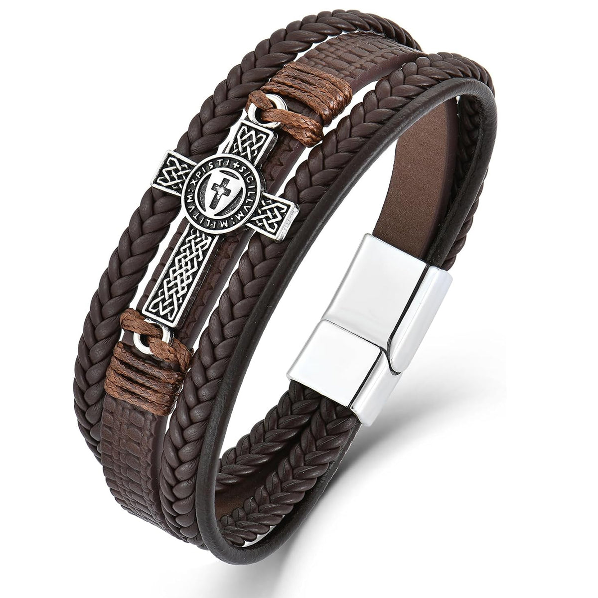 ✝ Men's Vintage Celtic Cross Leather Bracelet Christian Faith Shield Braided Stainless Steel Religious Jewelry Gift