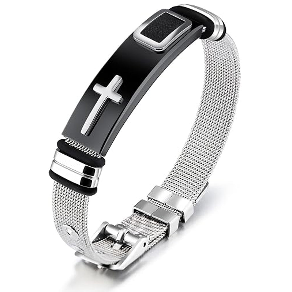 ✝ Men's Holy Cross Bracelet Stainless Steel Black Silver Adjustable Vintage Christian Religious Jewelry Gift