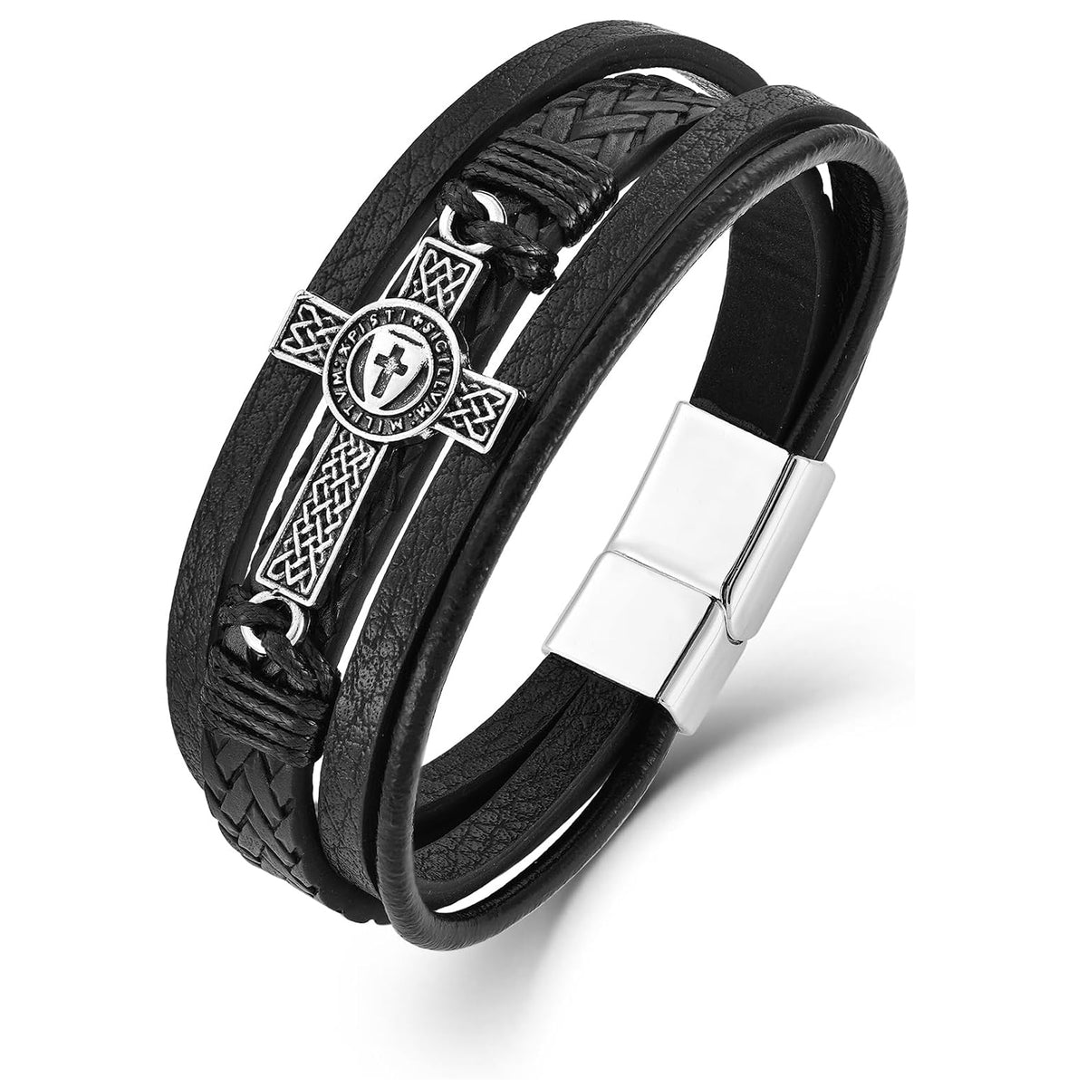 ✝ Men's Vintage Celtic Cross Leather Bracelet Christian Faith Shield Braided Stainless Steel Religious Jewelry Gift