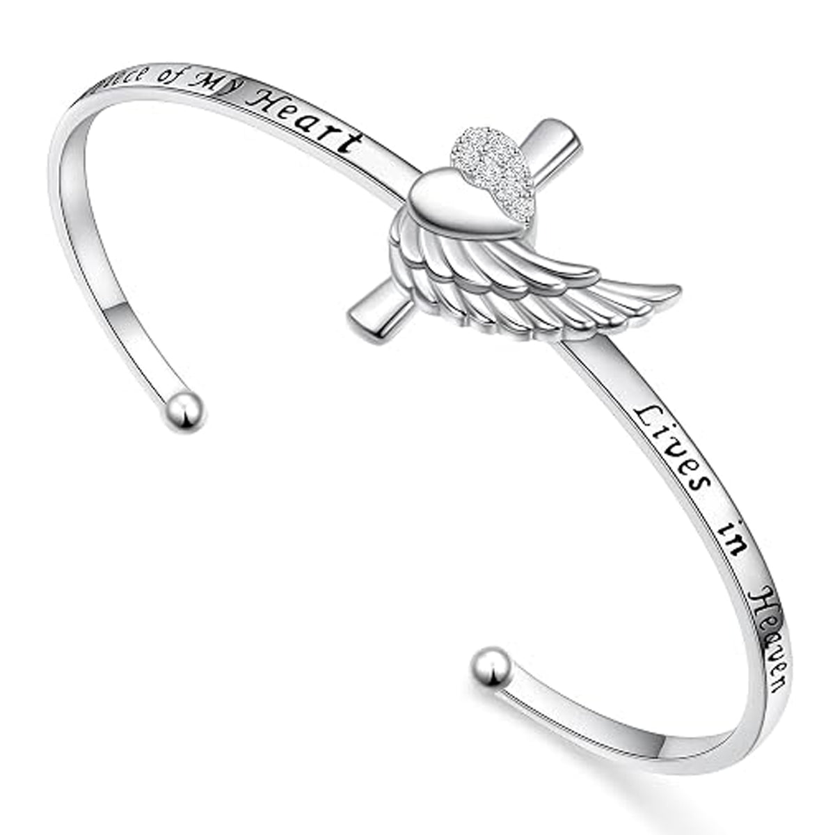 Angel Wing Memorial Bracelet 925 Sterling Silver Christian Cuff A Piece of My Heart Lives in Heaven Gift