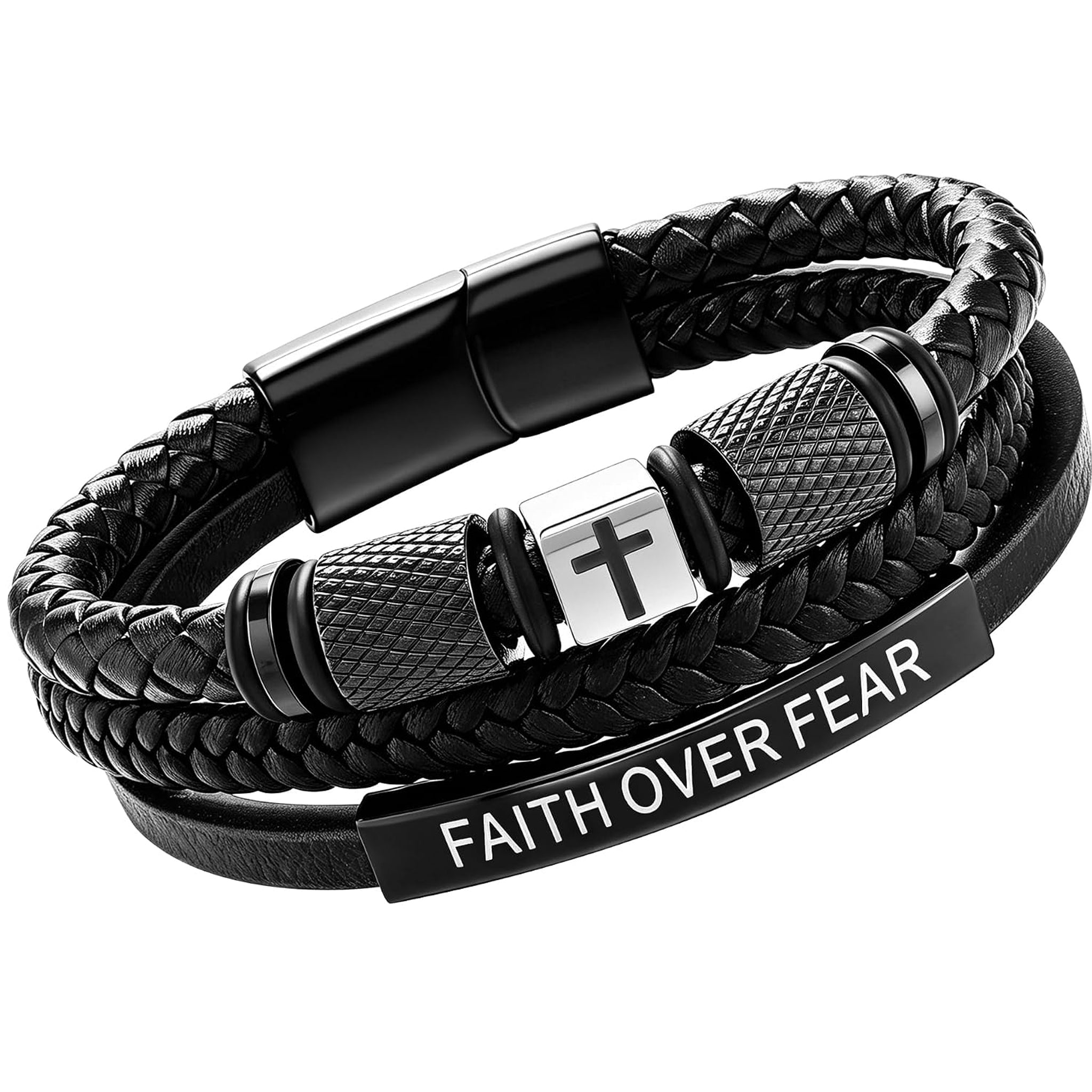 ✝ Men's Leather Cross Bracelet Faith Over Fear Christian Jewelry Gift for Dad Husband Son Brother