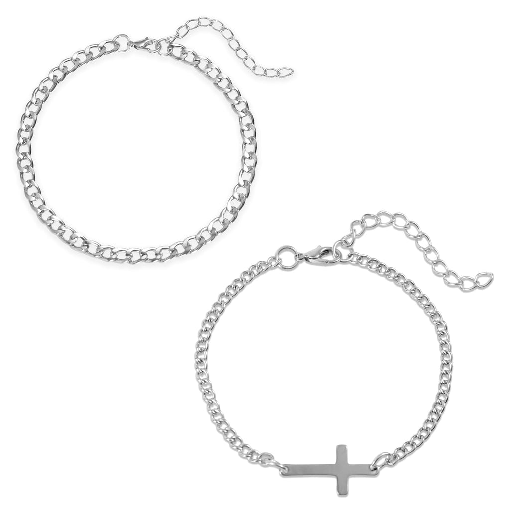 ✝ 2 Pack Silver Cross and Cuban Link Bracelets for Men Christian Jewelry Gift