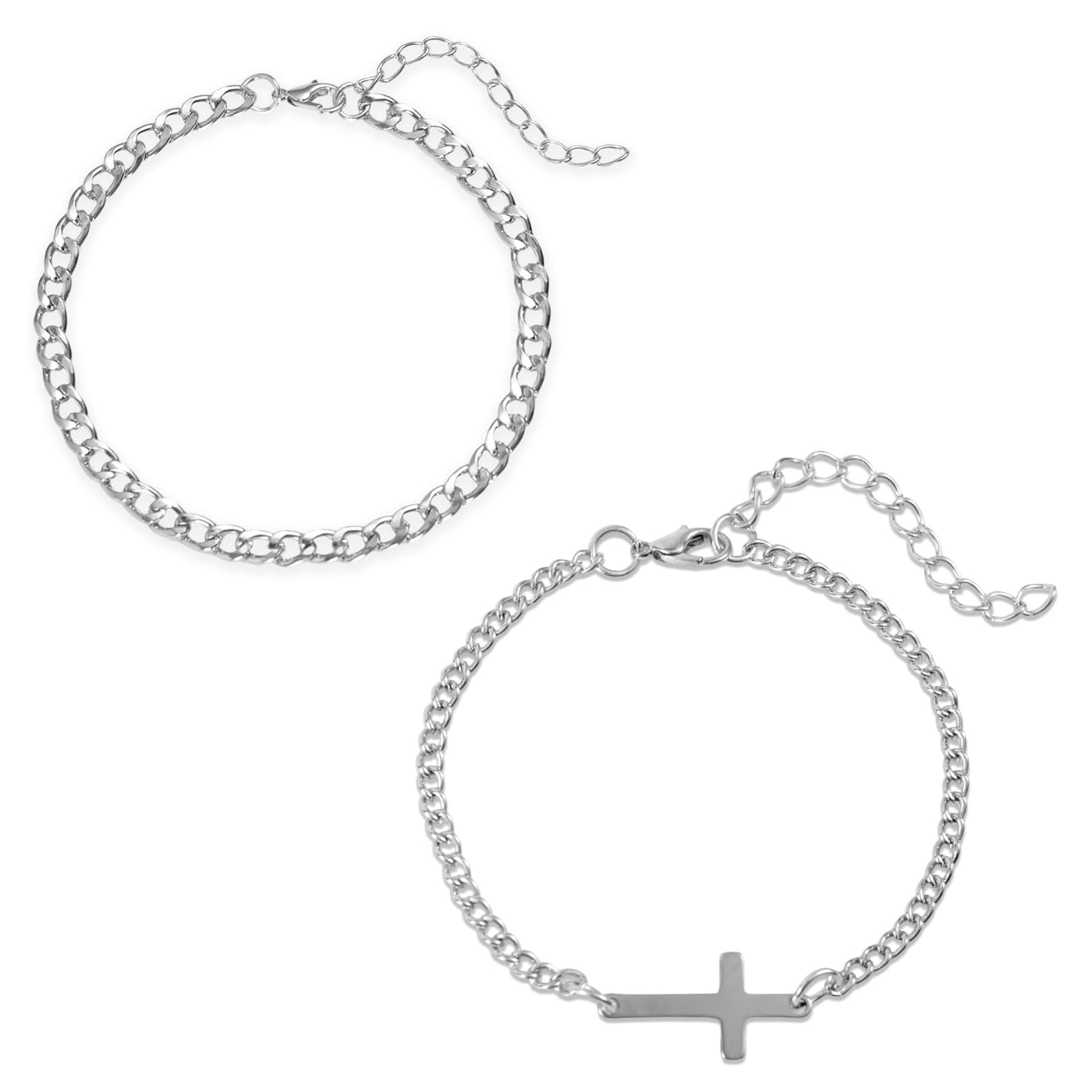 ✝ 2 Pack Silver Cross and Cuban Link Bracelets for Men Christian Jewelry Gift