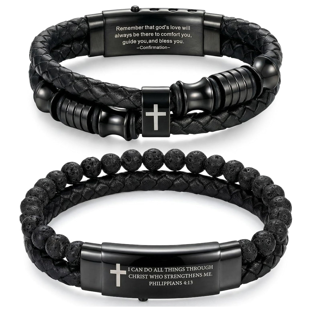 ✝ 2 Pack Men's Christian Cross Bracelets Braided Leather Bible Verse Faith Gifts for Him