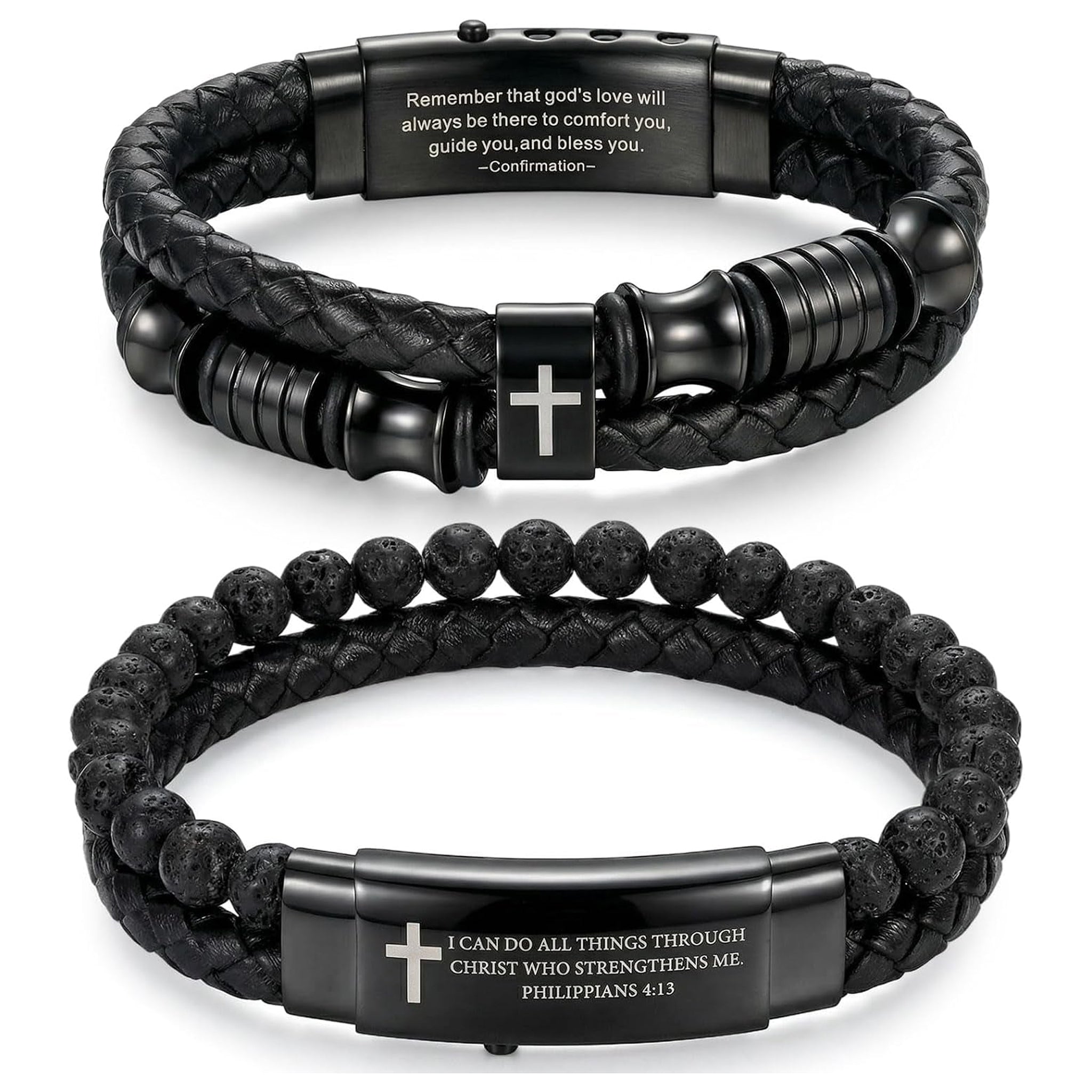 ✝ 2 Pack Men's Christian Cross Bracelets Braided Leather Bible Verse Faith Gifts for Him