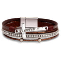 Women's Brown Leather Wrap Bracelet Boho Western Stacked Cuff Christian Cross Jewelry Gift for Women