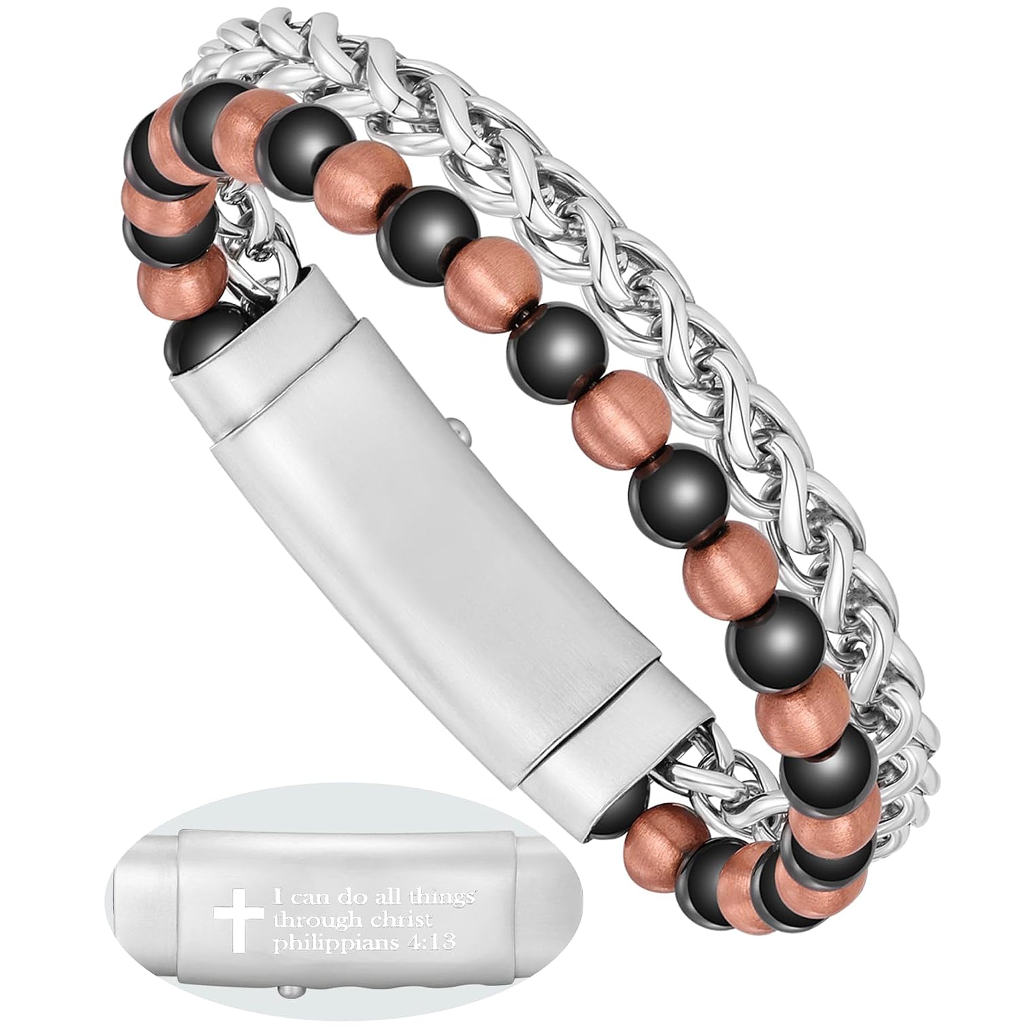 ✝ Men's Magnetic Cross Bracelet Black Braided Leather Obsidian Philippians 4:13 Christian Faith Gift