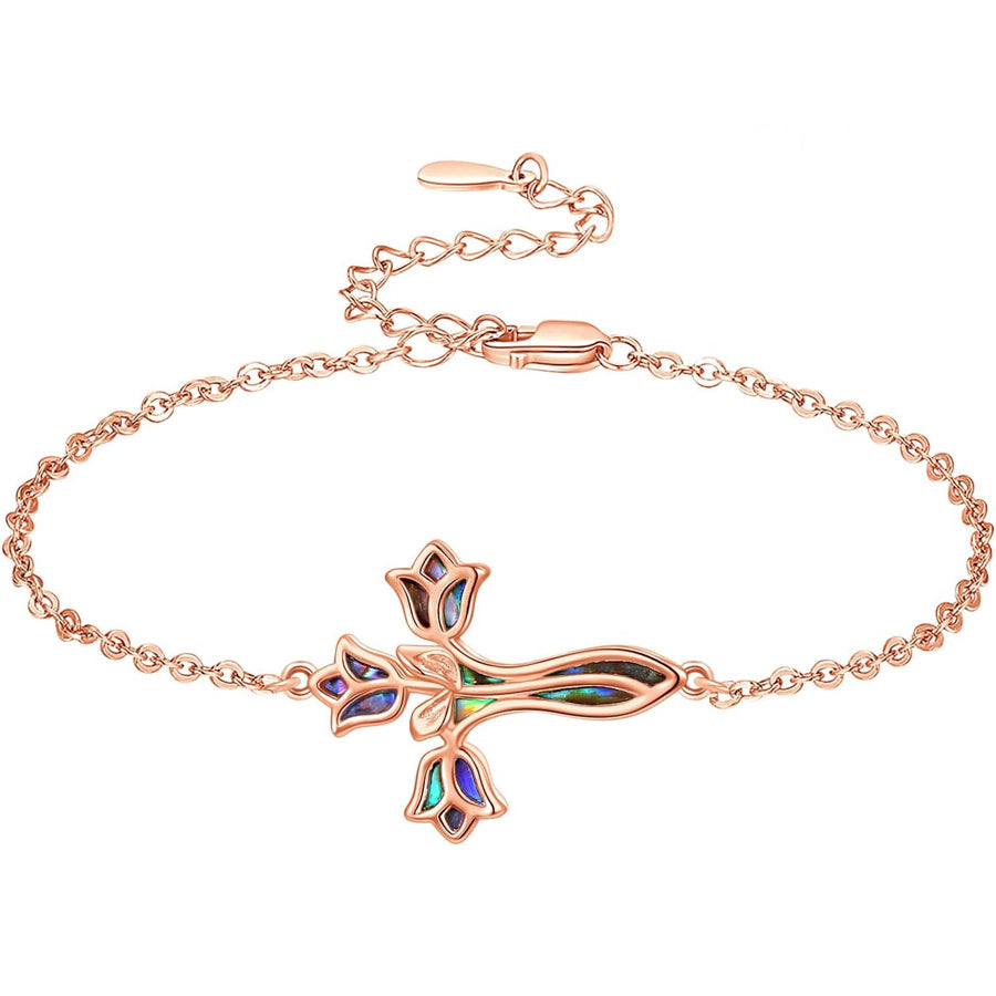 Women's 925 Sterling Silver Pink Rose Cross Bracelet Abalone Shell Christian Faith Religious Jewelry Gift