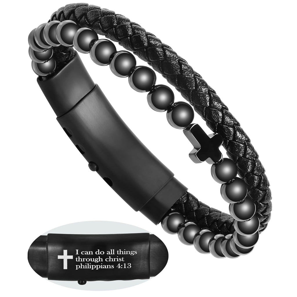 ✝ Men's Magnetic Cross Bracelet Black Braided Leather Obsidian Philippians 4:13 Christian Faith Gift