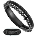 ✝ Men's Magnetic Cross Bracelet Black Braided Leather Obsidian Philippians 4:13 Christian Faith Gift