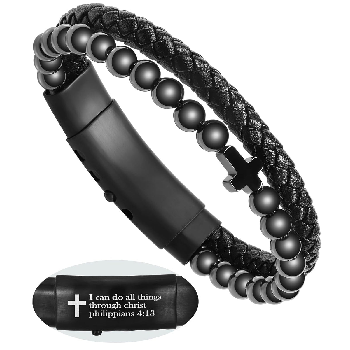 ✝ Men's Magnetic Cross Bracelet Black Braided Leather Obsidian Philippians 4:13 Christian Faith Gift